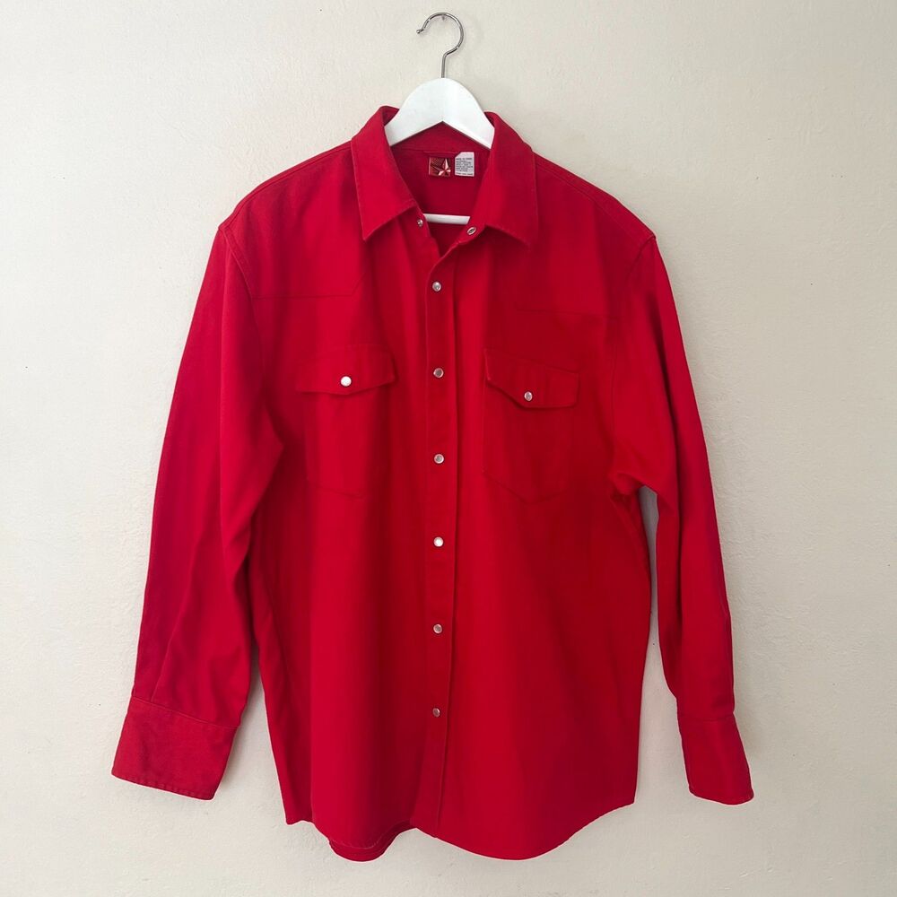 Vintage 90s Marlboro Red Star 100% Cotton Denim Tomato Red Western Shirt Size L